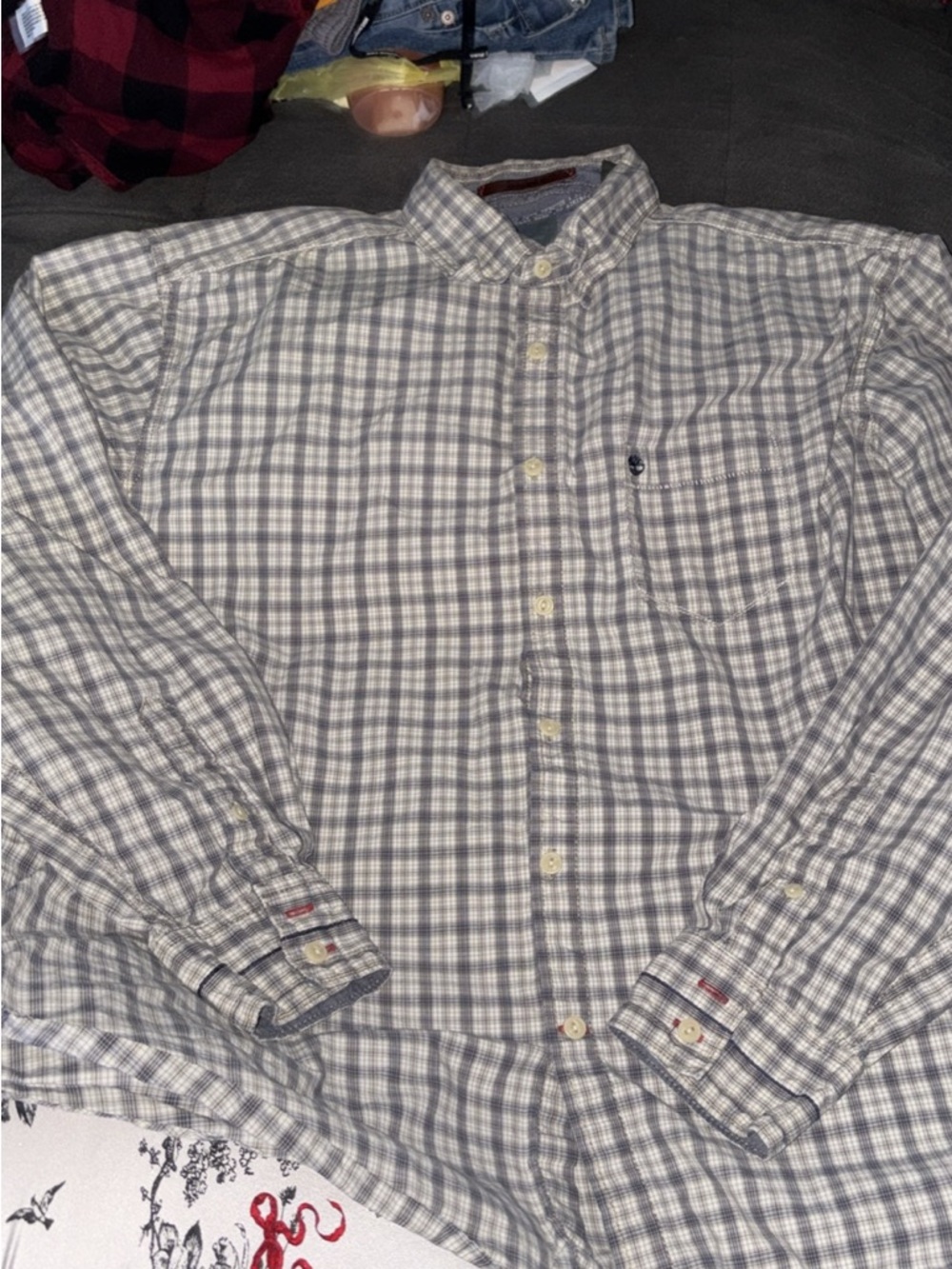 Timberland Men's Plaid Button-Down Shirt in Gray and White